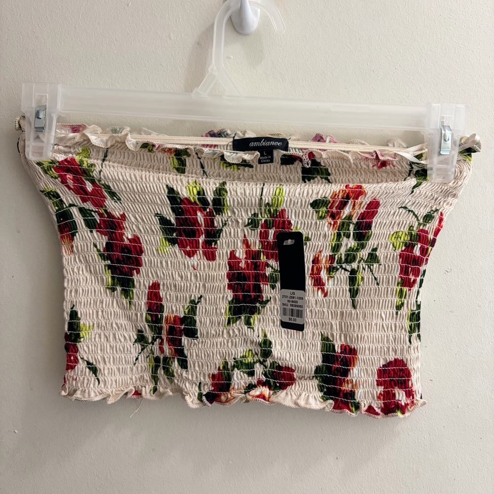 Ambiance Smocked Tube Top with Red, Pink and Green Floral Design - Picture 2 of 5